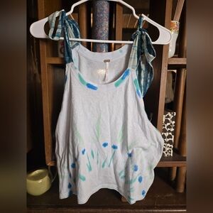 Free People Tie Dyed Blue and Green Patterned Tank Top Large